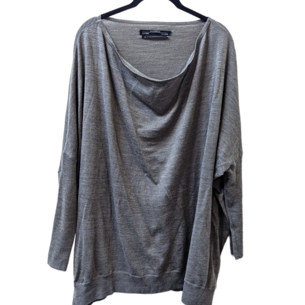All Saints Rheia Olive Green Merino Wool Cowl Neck Drop Sleeve Drape Sweater (L)